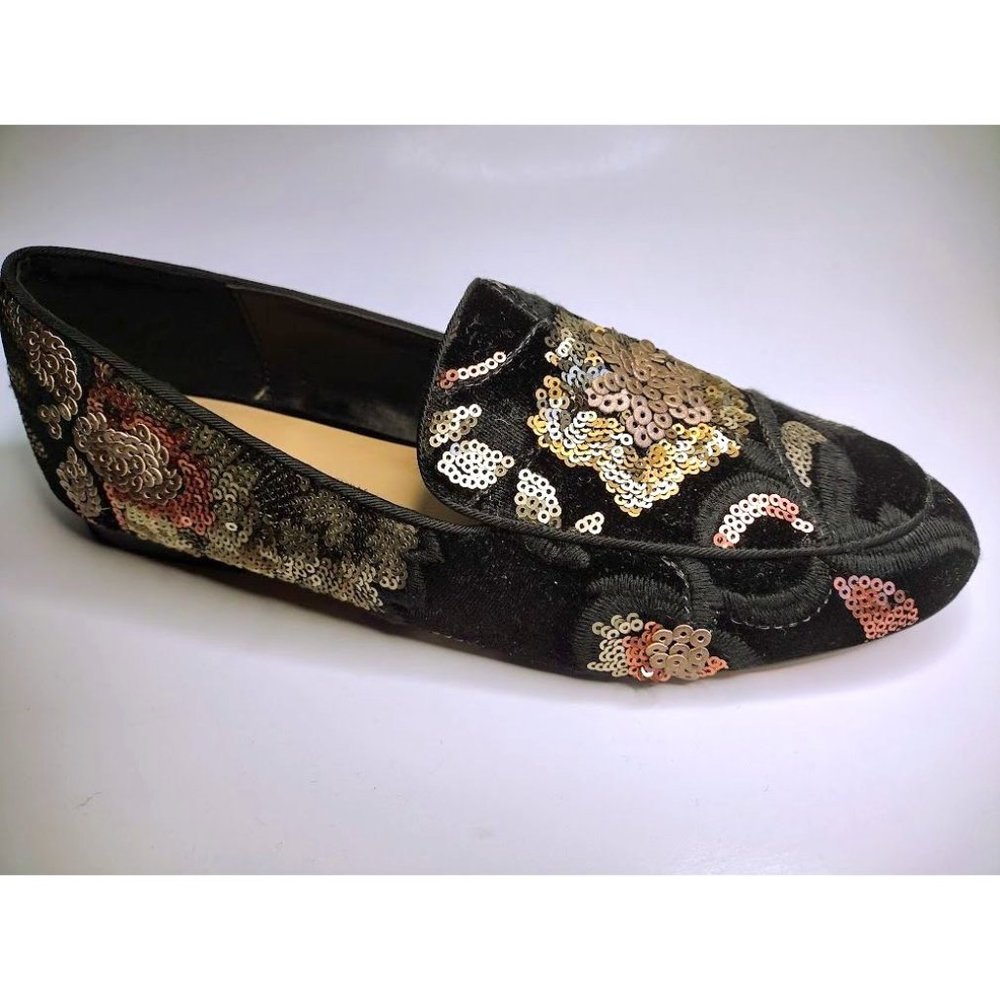 New Aldo Black fabric Gold sequins slip on loafer shoes
